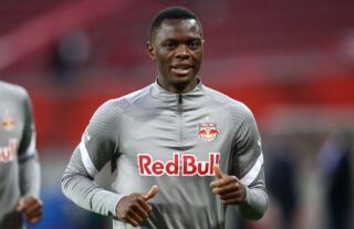 Patson Daka warming up for RB Salzburg amid speculation over a move to Liverpool