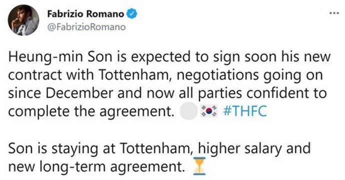 Fabrizio Romano reveals that Tottenham winger Heung Min Son is expected to sign a new contract at the club