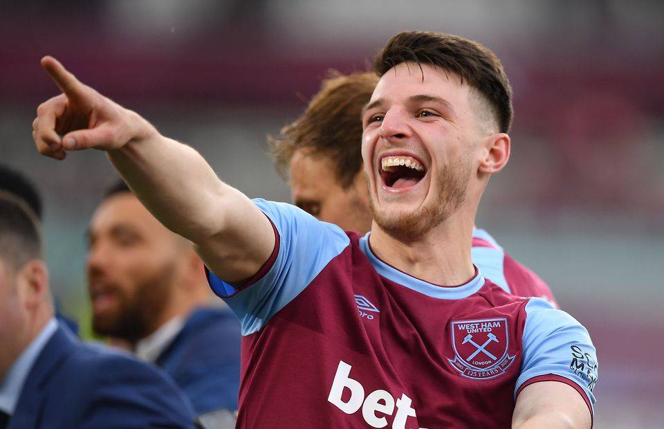 Declan Rice celebrates for West Ham amid speculation over a move to Man United