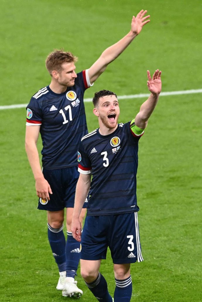Andy Robertson and Stuart Armstrong celebrate after England 0-0 Scotland