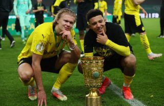 Borussia Dortmund's Jadon Sancho celebrating amid speculation over a move to Man United