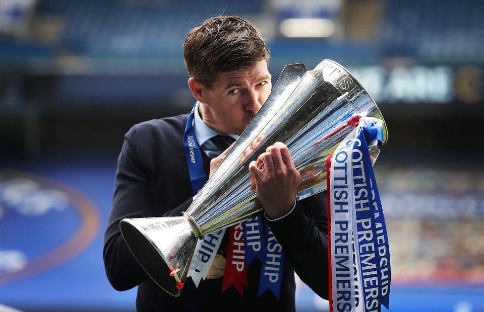 Rangers manager Steven Gerrard celebrates winning the Scottish Premiership at Ibrox