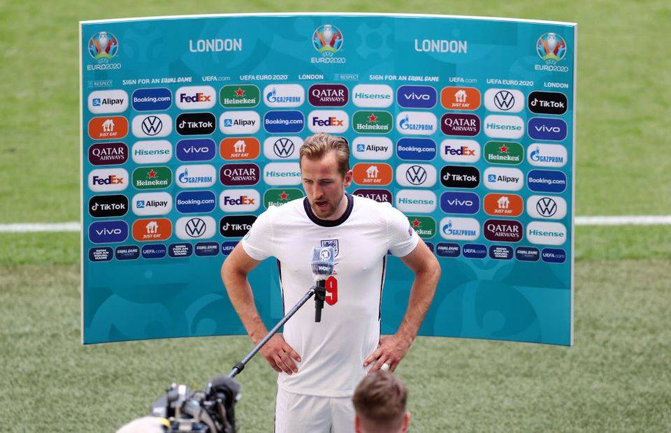 Tottenham striker Harry Kane is interviewed at Wembley after England beat Croatia at Euro 2020