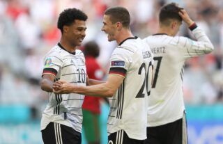 Robin Gosens celebrates scoring for Germany amid speculation over a move to Man United