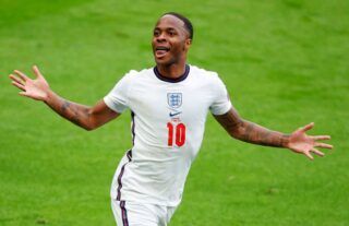 Raheem Sterling celebrates after scoring the opener in England 2-0 Germany