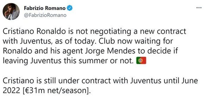 Fabrizio Romano reveals that Cristiano Ronaldo is not negotiating a new contract with Juventus