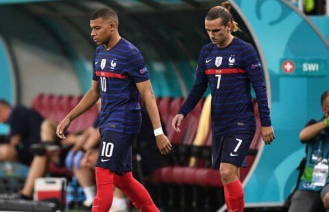 Antoine Griezmann and Kylian Mbappe in action for France