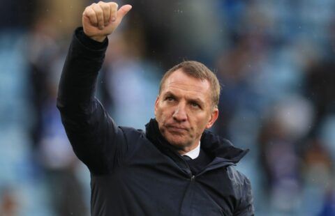 Leicester manager Brendan Rodgers acknowledges the fans amid speculation over a move for a left-back