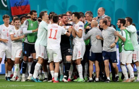 Spain celebrate beating Switzerland on penalties in their Euro 2020 clash