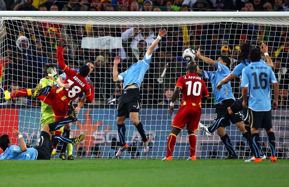 Luis Suárez saw a red card for handball in Uruguay vs. Ghana in 2010