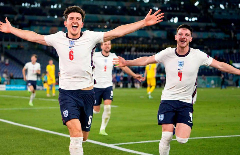Harry Maguire, Declan Rice and Harry Kane celebrate England's second goal vs Ukraine