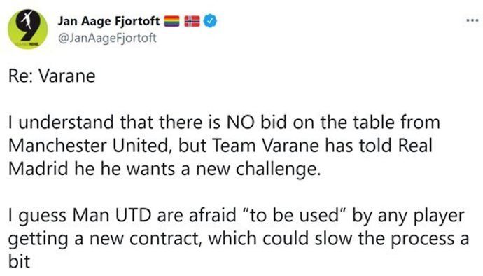 Journalist Jan Aage Fjortoft reveals that Man United have not bid for Varane