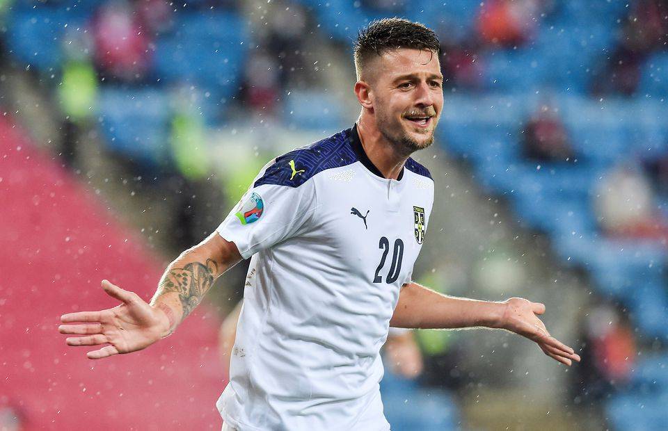 Milinkovic Savic celebrates scoring for Serbia amid speculation over a move to Liverpool