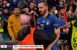 A steward tried to stop Bonucci getting back on pitch in Italy vs Spain