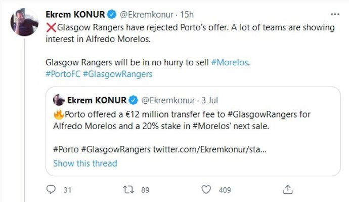 Journalist Ekrem Konur reveals Rangers have rejected a bid from Porto for Alfredo Morelos