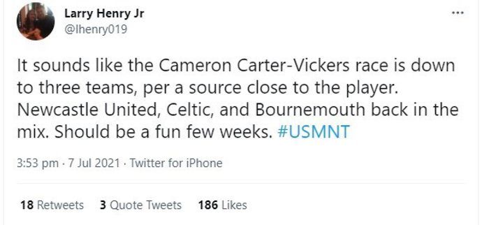 Celtic are interested in signing Tottenham's Cameron Carter-Vickers according to journalist Larry Henry Jr