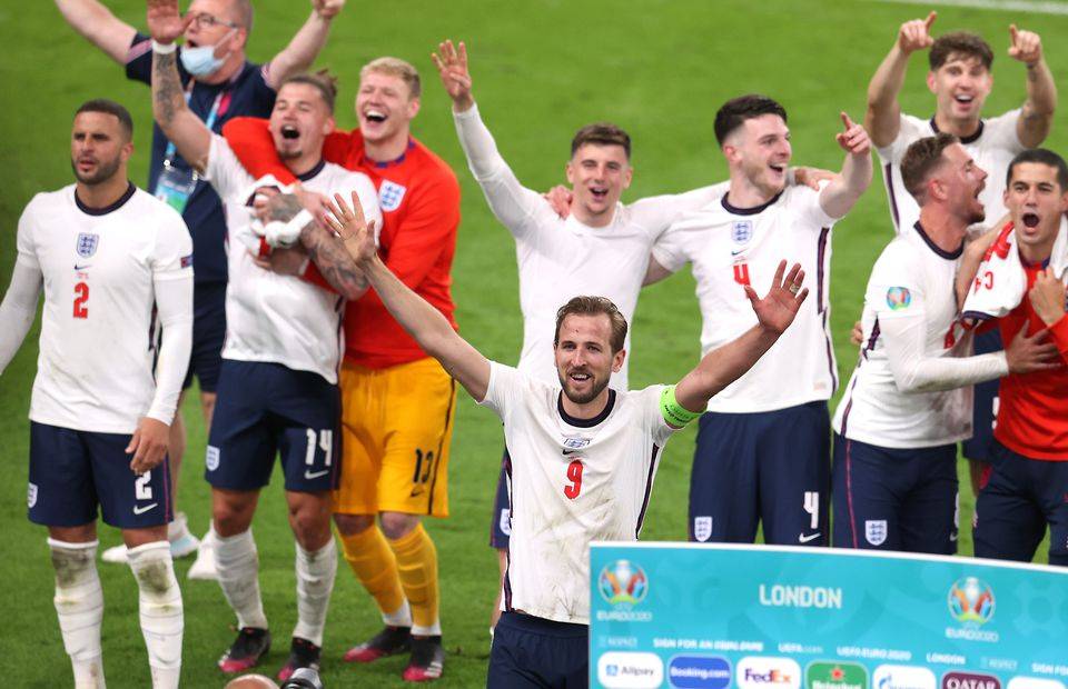 England players celebrate after dramatic win against Denmark
