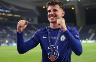 Mason Mount celebrates after winning the Champions League with Chelsea