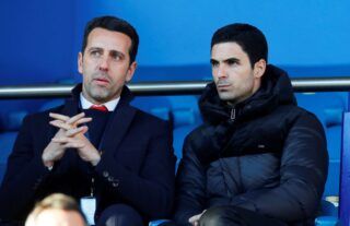 Edu and Mikel Arteta in the stands for Everton vs Arsenal