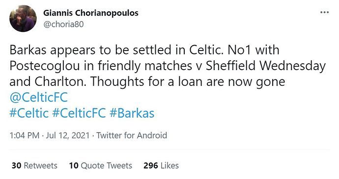 Giannis Chorianopoulous gives an update on Celtic goalkeeper Barkas