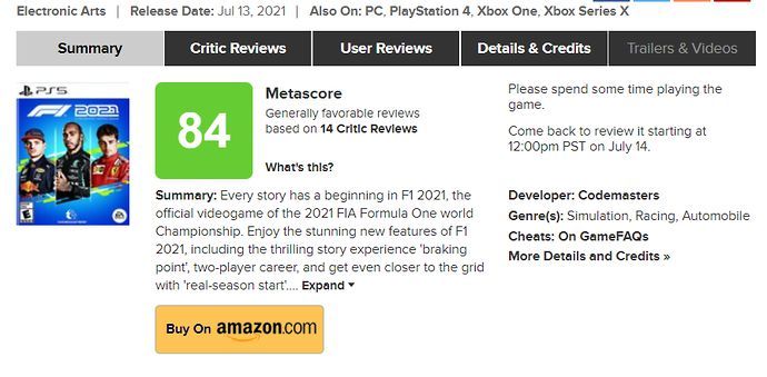 F1 2021 was a given a Metacritic score of 84 from 14 critic reviews.