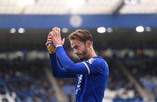 James Maddison applauds the Leicester City fans at the King Power Stadium