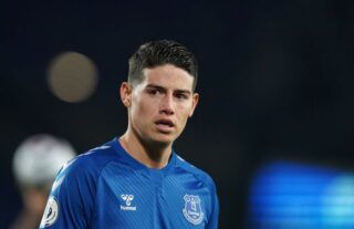 Everton star James Rodriguez watches on at Goodison Park