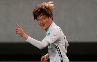 New Celtic singing Kyogo Furuhashi celebrates a goal