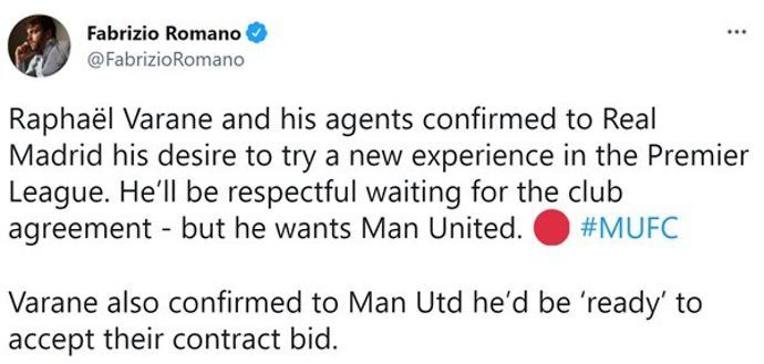 Fabrizio Romano gives update on Raphael Varane who wants Man United
