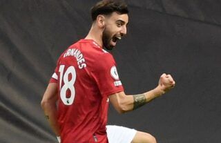 Bruno Fernandes celebrates for Man United amid speculation over a move for Ruben Neves
