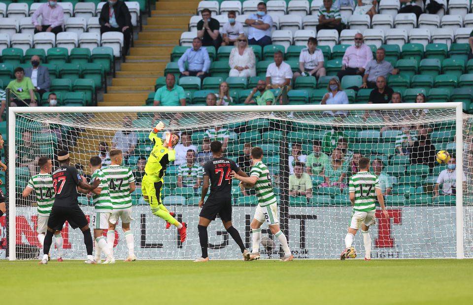 Celtic goalkeeper Vasilis Barkas fails to save a free kick in the Champions League