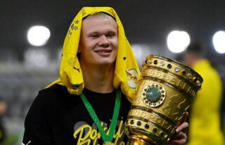 Erling Haaland celebrates for Borussia Dortmund amid speculation over a move to Chelsea