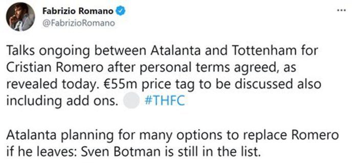 Fabrizio Romano reveals talks are ongoing between Tottenham and Atalanta for Cristian Romero