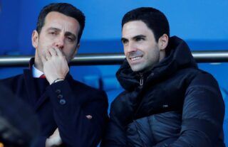 Arsenal boss Mikel Arteta and director Edu in the stands