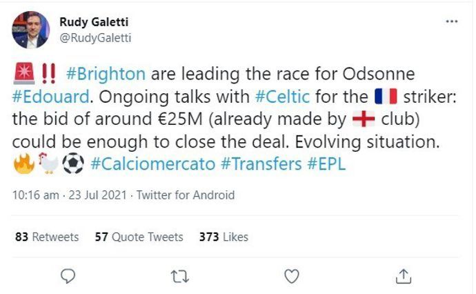 Rudy Galetti reports that Brighton have bid €25m for Celtic striker Odsonne Edouard and talks are ongoing between the clubs