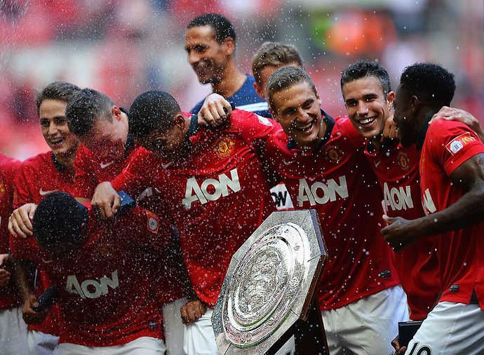 Danny Welbeck celebrates winning the Community Shield with Manchester United