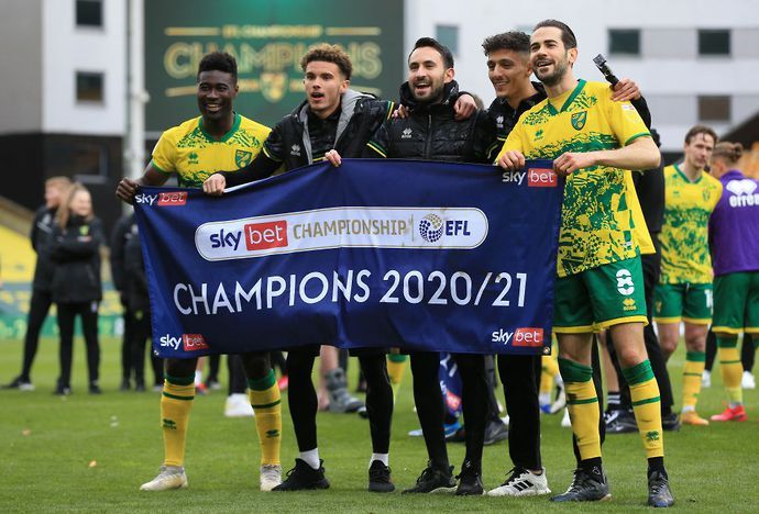  Dimitris Giannoulis celebrates winning the Championship with Norwich City