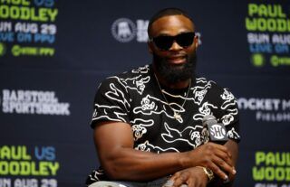 Tyron Woodley looks on during a press conference before his cruiserweight fight against Jake Paul at The Novo by Microsoft at L.A.