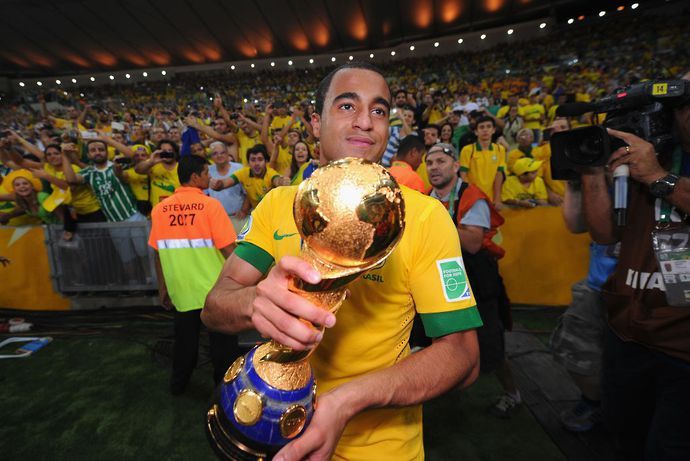 Lucas Moura lifts the Confederations Cup with Brazil