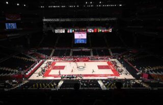 A general view of Saitama Arena during the first half of a Men's Preliminary Round Group A game between Team United States of America and Team Iran on day five of the Tokyo 2020 Olympic Games at Saita