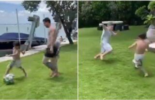Lionel Messi plays football with Mateo and Thiago