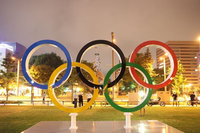 The Olympic logo on show in Tokyo, Japan.