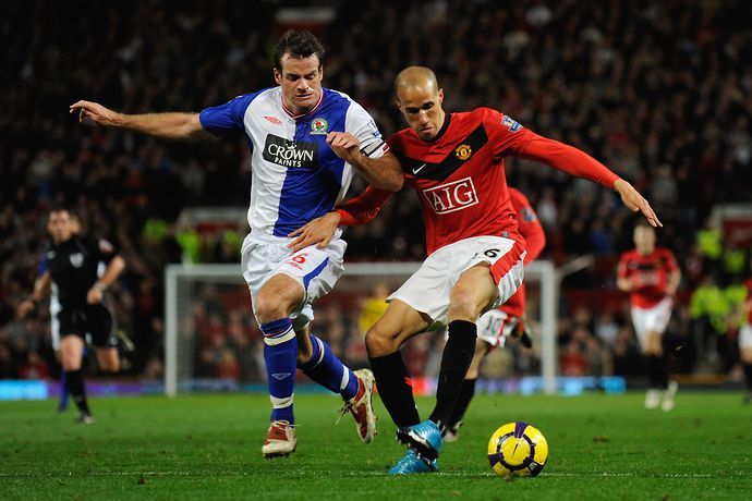 Manchester United's Gabriel Obertan battles for the ball with Blackburn Rovers' Ryan Nielsen