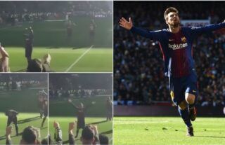 Lionel Messi celebrates scoring at the Santiago Bernabeu