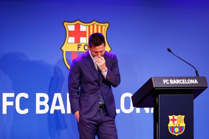 Lionel Messi during the press conference for his Barcelona exit