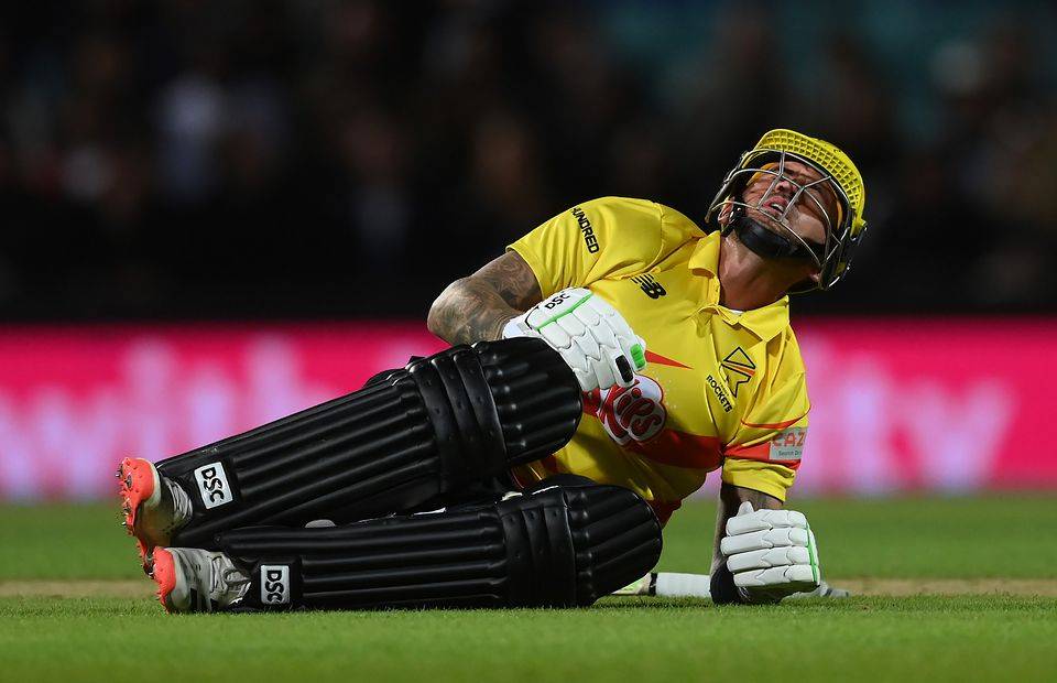 England batsman Alex Hales got hit in the groin by a cricket ball twice in the same over during Trent Rockets' clash with Oval Invincibles in The Hundred on Sunday night.