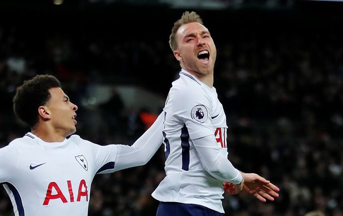 Christian Eriksen celebrating a Tottenham goal with Dele Alli