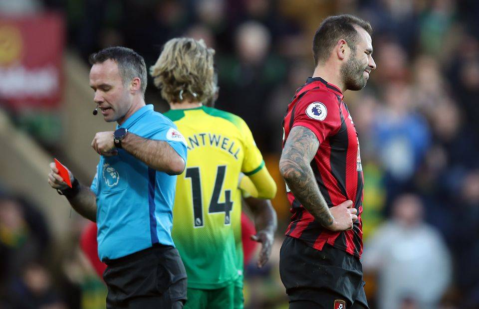 Steve Cook is given his marching orders in Bournemouth's clash with Norwich