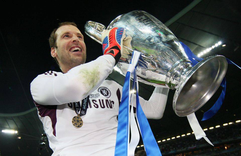 Petr Cech celebrates after winning the Champions League with Chelsea
