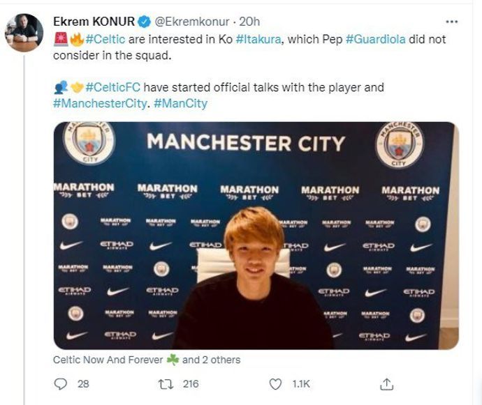 Ekrem Konur reports that Celtic are in talks with Manchester City about signing Ko Itakura